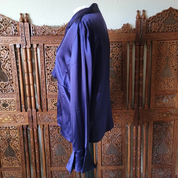 Anne Klein AK Dark Purple Ruffled Silk Fitted Button Down Blouse - As Is - Picture 6 of 12